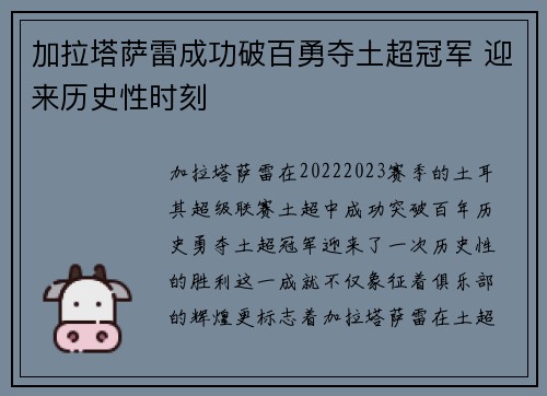 加拉塔萨雷成功破百勇夺土超冠军 迎来历史性时刻 加拉塔萨雷成功破百勇夺土超冠军 迎来历史性时刻